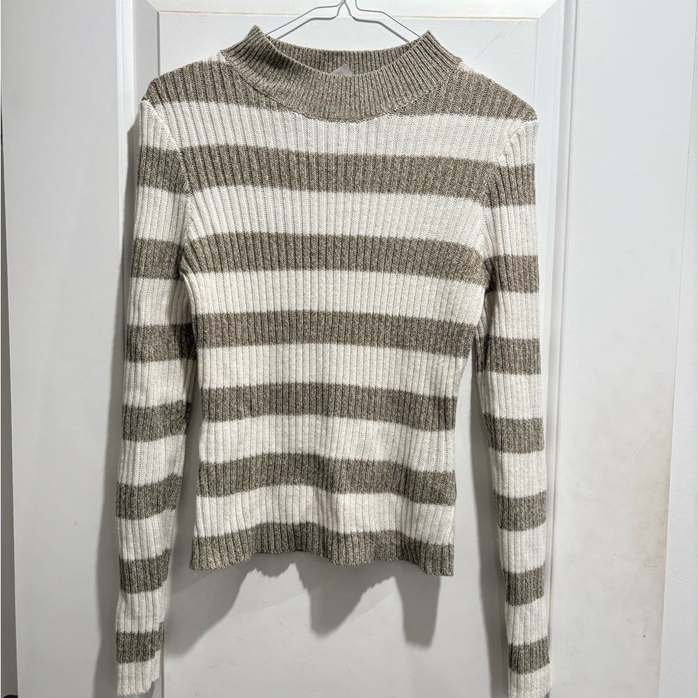 H&M Off White and Taupe striped Mock Neck Sweater
